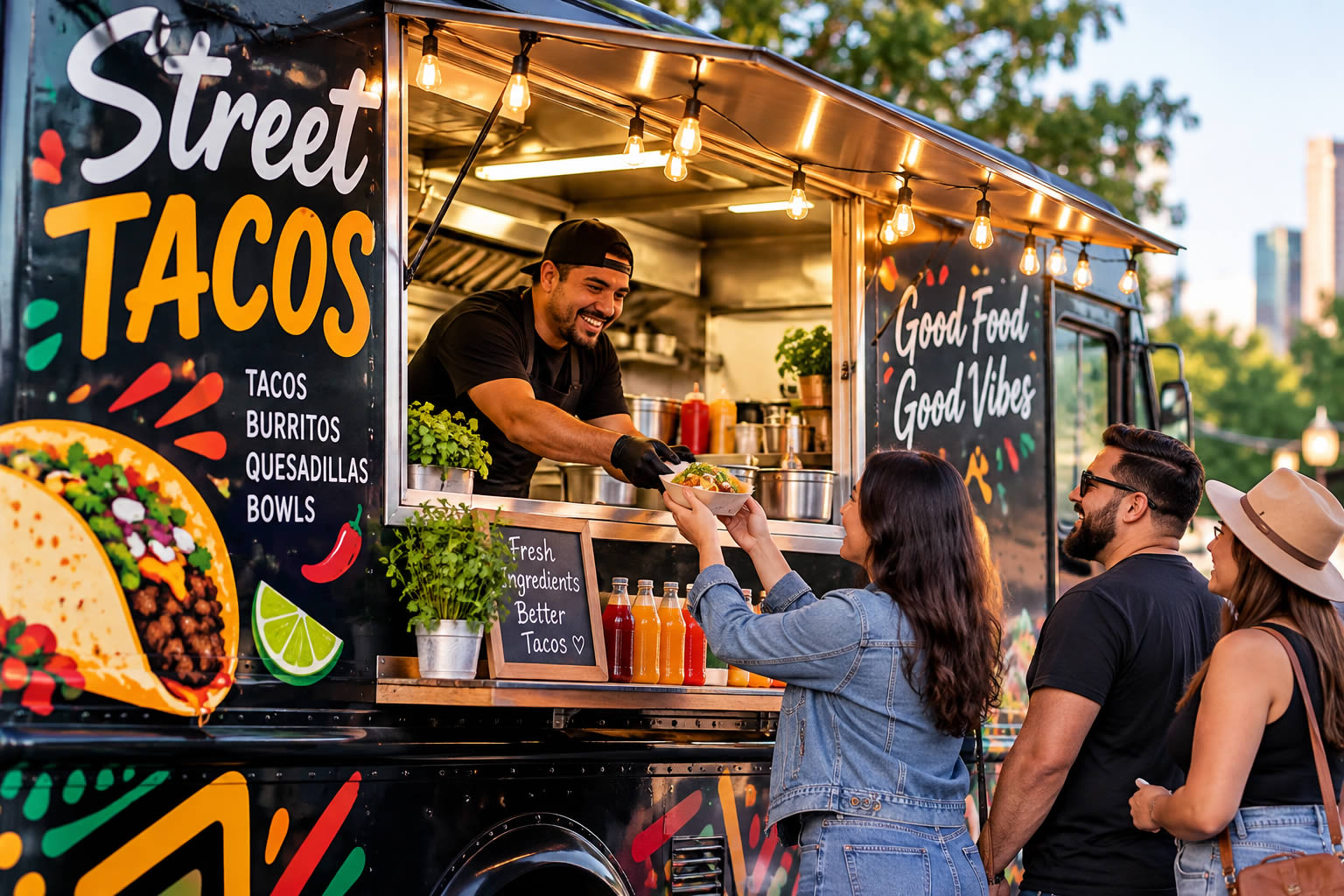 Food truck serving customers
